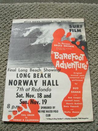 Vintage Surfing Surf Movie Poster Surfboard Bruce Brown Barefoot Adventure 1960s