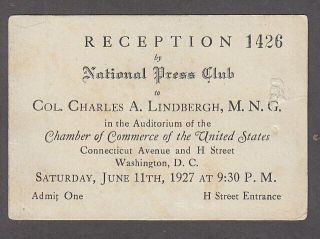 Charles A Lindbergh Admission Ticket National Press Club June 11 1927 Reception