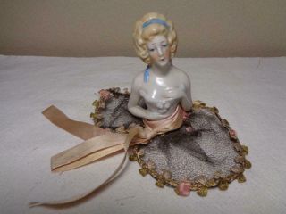 Victorian Germany Porcelain Pin Cushion Half Doll Blonde With Clothes