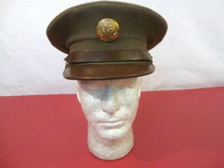 Wwii Us Army Nco Enlistedman Visor Service Cap Hat W/brown Leather Brim Sz 7 1