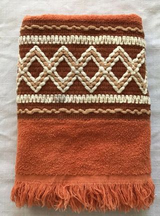 Vintage Cannon Monticello Bath Towel Orange Brown Ivory Weave Trim Fringe Usa
