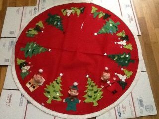 Vtg Red Felt Christmas Tree Skirt Elf/pixie Appliqué U.  S.  A/japan Made From Kit