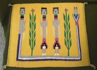 Vintage Wool Woven Native American Indian Navajo Pictorial Yei Rug Corn Weaving