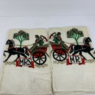 Cannon Mr Mrs Hand Towels Horse Carriage Cotton Vtg 50s 60s Bathroom Towel
