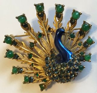 Vintage Boucher Signed & Number Blue & Green Rhinestone Enamel Peacock Brooch