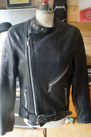Vintage Polo Black Leather Motorcycle Biker Jacket Cafe Racer 38 Fab Chunky Zips