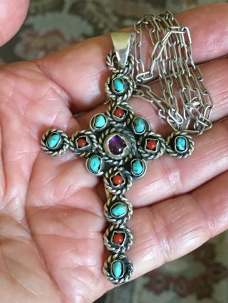 Vintage Taxco Mexico Matl Style Sterling Silver Turquoise Cross Pendant Necklace