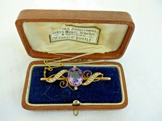 Antique 9ct Gold Brooch With Amethyst Colour Stone And Pearls