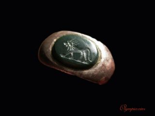 Outstanding Ancient Roman Silver Ring Lion On Green Stone
