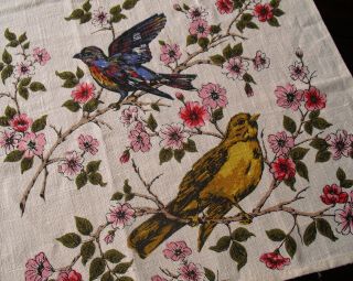 Vintage Linen Kitchen Tea Towel Birds & Dogwood Vivid