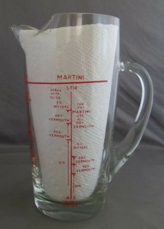 Vintage Clear Glass Martini Pitcher With Handle And 2 & 4 Drink Recipes In Red