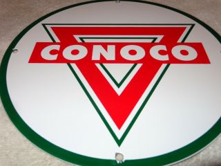 Vintage " Conoco Gasoline & Triangle " 11 3/4 " Porcelain Metal Oil Sign Pump Plate