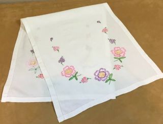 Vintage Table Runner Or Dresser Scarf,  Embroidered Flowers & Leaves,  Cotton