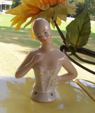 German Antique Bald Porcelain Pin Cushion Half Doll Flapper Style