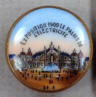 PARIS EXPOSITION: Palace of Electricity,  Antique Button,  1900 Porcelain on Brass 2