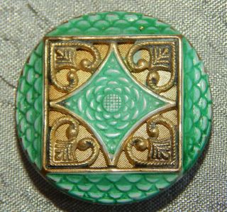 Antique Picture Button Brass & Green Enamel Back Marked 717 - A