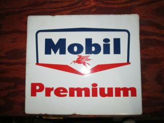 Vintage Mobil Premium Gas 1 - Sided Porcelain Pump Plate Sign - Gas Oil