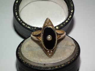 C1920 Solid 14k Gold Art Deco Onyx & Pearl Marquise Ring Scarce Example