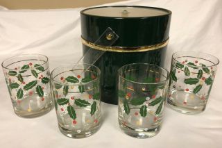 Vintage Culver Glass Bar Set Hunter Green (4) 14oz Glasses & Ice Bucket Holly