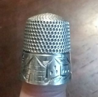 Antique Sterling Silver Thimble 11 Bright Cut Houses Flowers Collectible