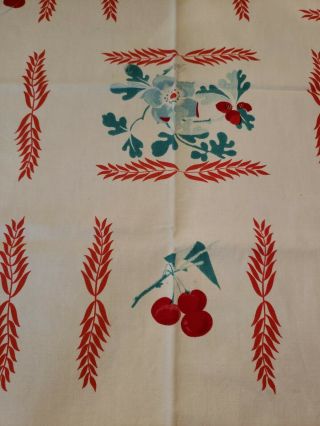 Vintage Cotton Tablecloth Red Aqua Cherries Flowers Berries 2