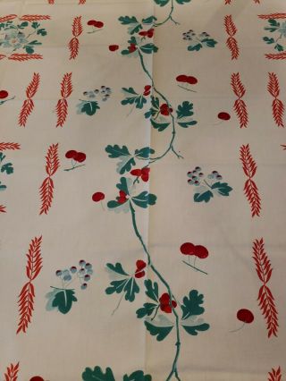 Vintage Cotton Tablecloth Red Aqua Cherries Flowers Berries 3
