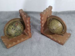 Vintage Old World Small Mini Map Globe Bookends Wooden Base Set