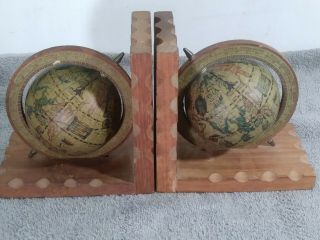 VINTAGE OLD WORLD SMALL MINI MAP GLOBE BOOKENDS WOODEN BASE SET 2
