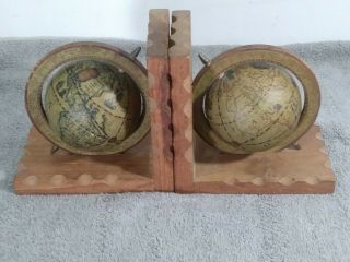VINTAGE OLD WORLD SMALL MINI MAP GLOBE BOOKENDS WOODEN BASE SET 3