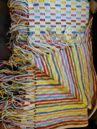 Afghan Crocheted Cream With Multi Colored Stripes Blanket Throw Reversible 68x60
