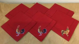 Six Large Dinner Napkins,  French Country,  Roosters,  Chickens,  Red,  Multi,  Cotton