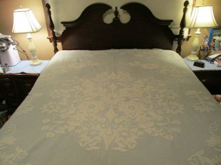 Vintage Blue Jacquard Bedspread W/ Woven White Floral Design - Queen