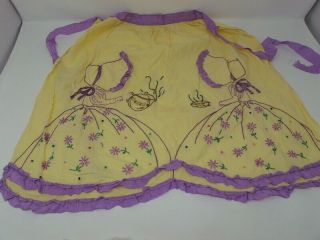 Vintage Sunbonnet Belles Tea Party Hand Embroidered Apron - Bonnet Pockets