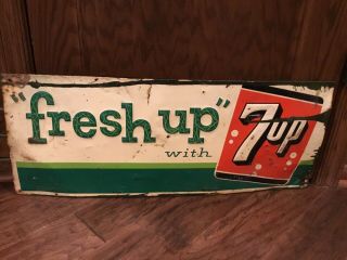 Vintage “fresh Up” With 7up Metal Embossed Sign 30x12 1962