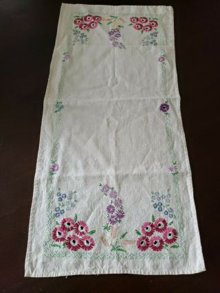 Vintage Hand Embroidered Floral Linen Table Runner Dresser Scarf