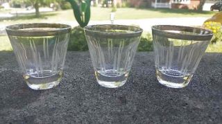 3 Vintage Crystal Etched Shot Glasses Silver Rims Vodka 3 Oz 2.  75 "