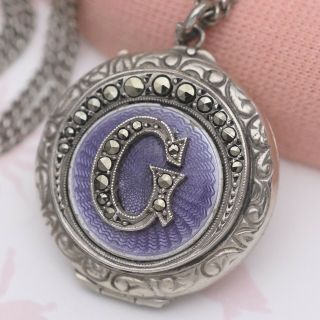 Vtg Art Deco Guilloche Enamel Purple Locket Monogram G Sterling Silver Necklace