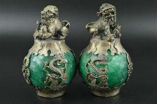 Rare Miao Silver Carve Kylin & Dragon Phoenix Inlay Green Jade Lucky Pair Statue 2