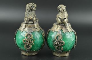 Rare Miao Silver Carve Kylin & Dragon Phoenix Inlay Green Jade Lucky Pair Statue 3
