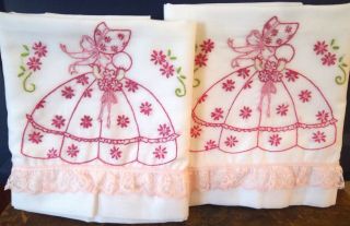 Pair Southern Belle Pillowcases Hand Embroidered Crinoline Crocheted Pink (2)