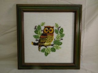 Vintage Owl Needle Work Framed Picture,  Needle Point,  Embroidery