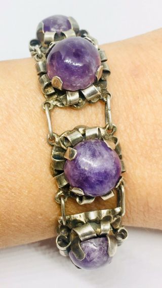 Early Mexican Silver Amethyst Bracelet 54gms Large Cabochons Art Deco Jewelry