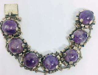 Early Mexican Silver Amethyst Bracelet 54gms Large Cabochons Art Deco Jewelry 2
