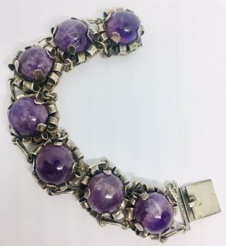 Early Mexican Silver Amethyst Bracelet 54gms Large Cabochons Art Deco Jewelry 3
