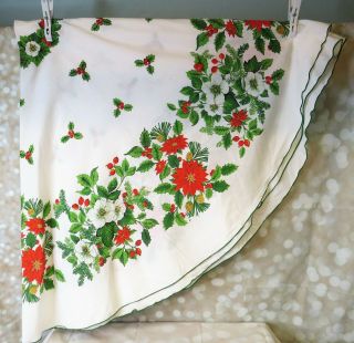 Vintage 64 " Round Christmas Tablecloth Poinsettias Flowers Ivy
