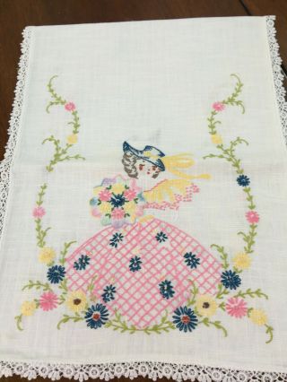 Lovely Vintage Hand Embr/crochet Table Runner/dresser Scarf - Pink Southern Belle