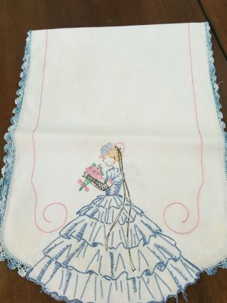 Pretty Vintage Hand Embr/crochet Table Runner/dresser Scarf - Blue Southern Belle
