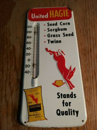 Rare 1950s Vintage United Hagie Seed Corn Thermometer Sign Farm Old Mule gas oil 3