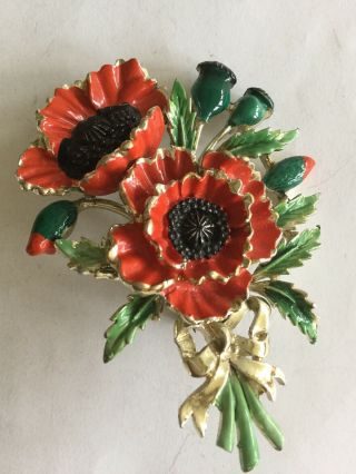 Vintage Exquisite Brooch,  Poppy August Birthday,  1950s Enamel Flower,  Signed