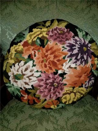 Vtg Mid - Century Shabby Chic Handmade Needlepoint Throw Pillow Floral 14 " Round